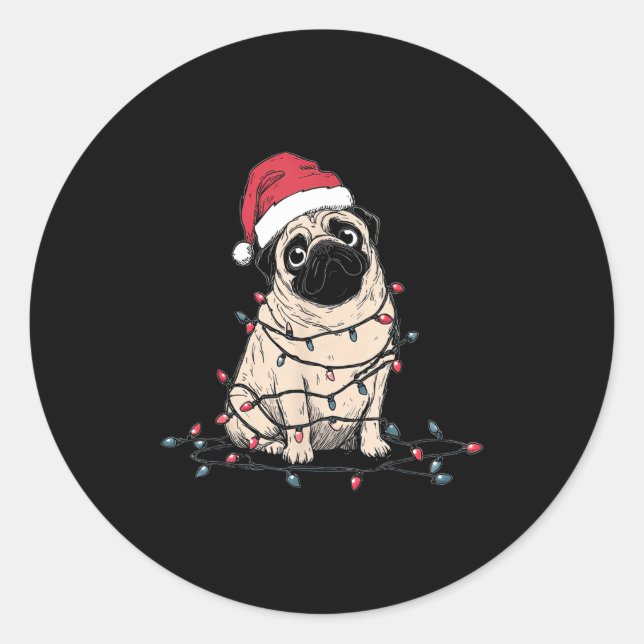 Funny Pug Christmas Graphics Dog Lights Lover Owne Classic Round Sticker (Front)
