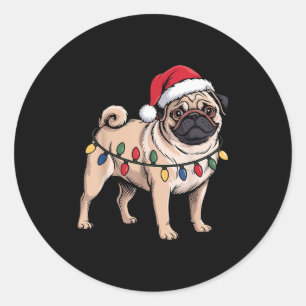 Funny Pug Christmas Santa Hat Xmas Lights  Classic Round Sticker