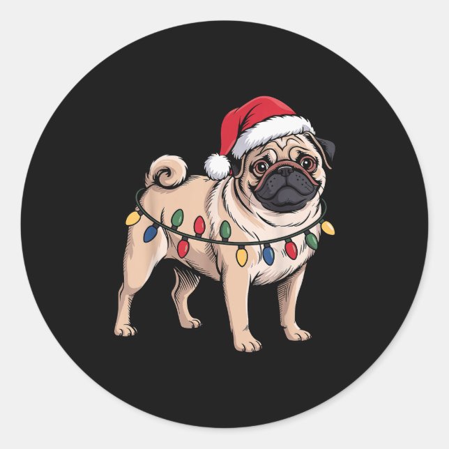 Funny Pug Christmas Santa Hat Xmas Lights  Classic Round Sticker (Front)