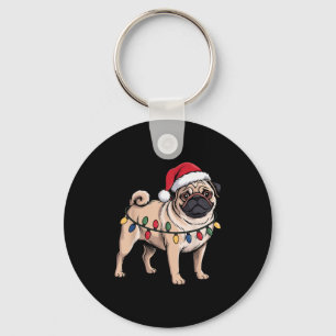 Funny Pug Christmas Santa Hat Xmas Lights  Key Ring