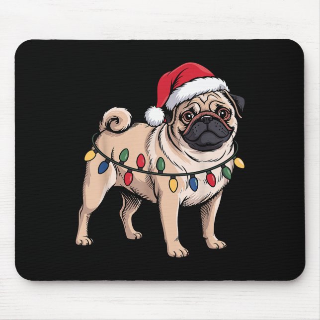Funny Pug Christmas Santa Hat Xmas Lights  Mouse Mat (Front)