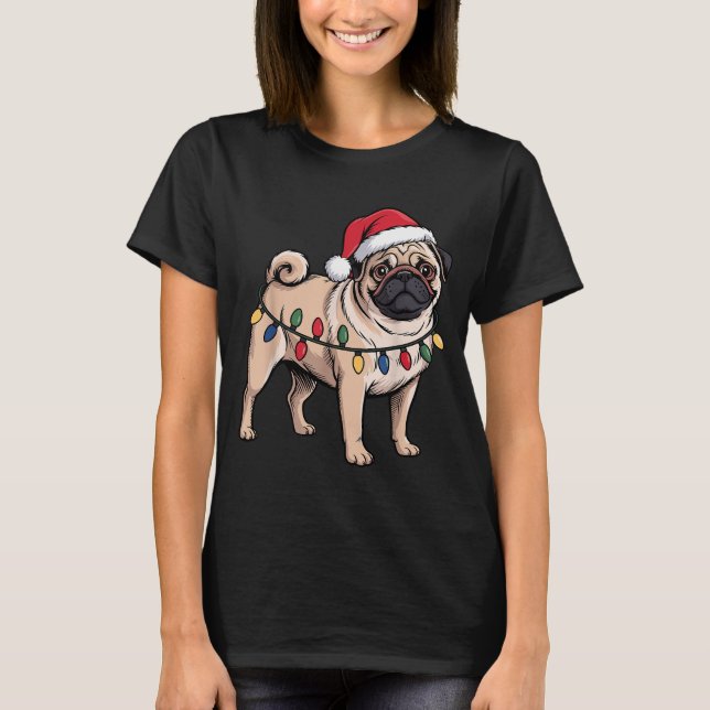 Funny Pug Christmas Santa Hat Xmas Lights  T-Shirt (Front)