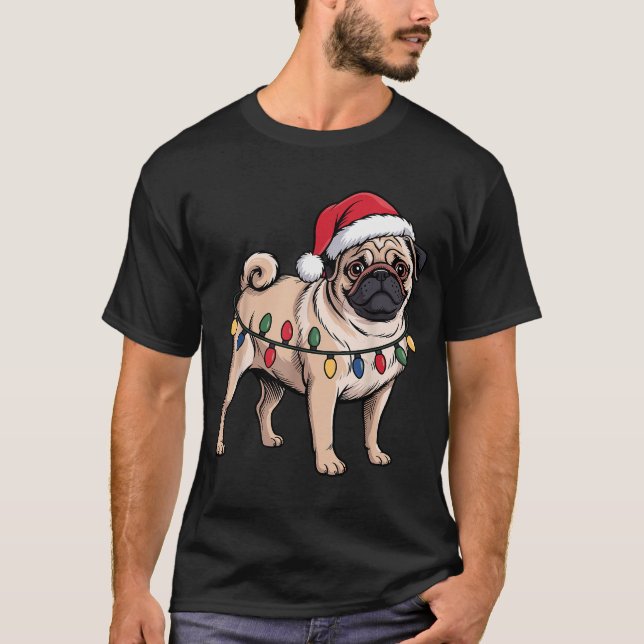 Funny Pug Christmas Santa Hat Xmas Lights  T-Shirt (Front)