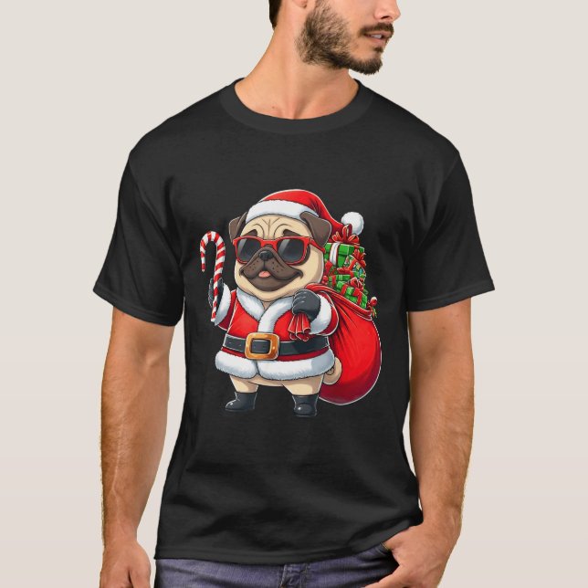 Funny Pug Christmas Santa Outfit Xmas Mom Dad Kids T-Shirt (Front)