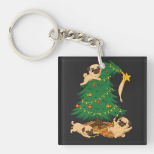 Funny Pug Christmas Tree Chaos Gift Key Ring