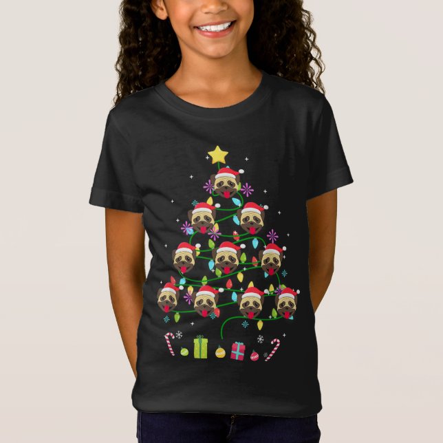 Funny Pug Christmas Tree Colour Led Light T-Shirt (Front)