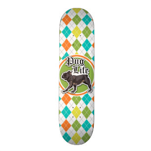 Funny Pug; Colourful Argyle Pattern Skateboard