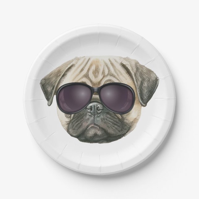 Funny pug, Cute french bulldog with glasses Paper Plate (Front)