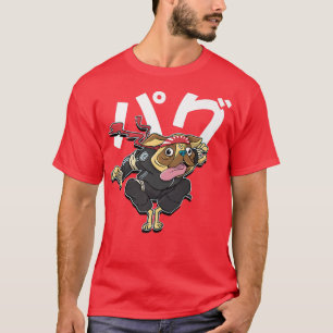 Funny Pug Dog as Japanese Samurai Comic Art Graphi T-Shirt