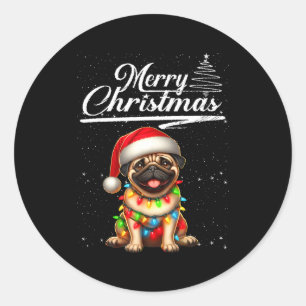 Funny Pug Dog Christmas Lights Santa Hat Candy Can Classic Round Sticker