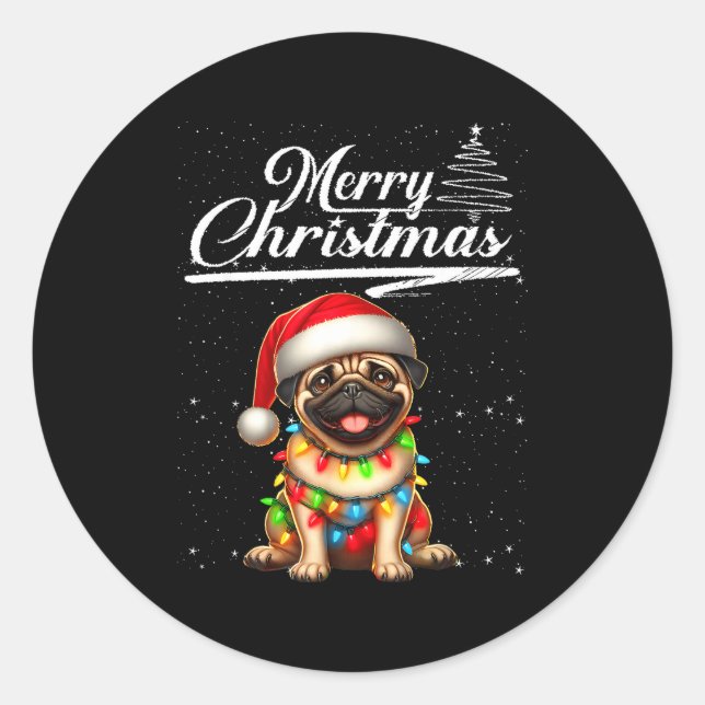 Funny Pug Dog Christmas Lights Santa Hat Candy Can Classic Round Sticker (Front)