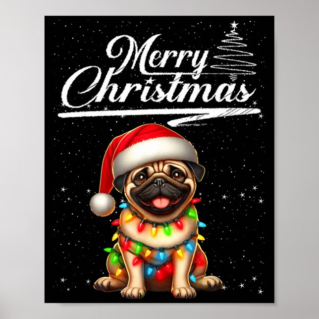 Funny Pug Dog Christmas Lights Santa Hat Candy Can Poster (Front)