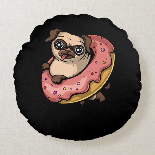 Funny Pug Dog Doughnut Lover Pet Round Cushion (Front)