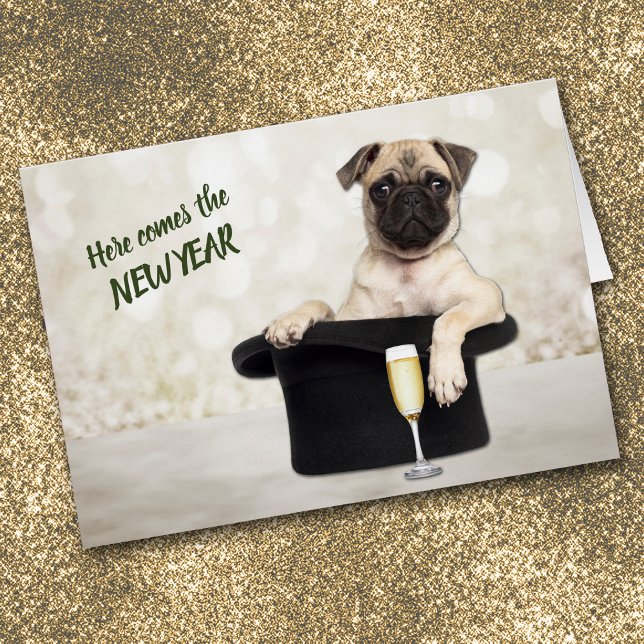 Funny Pug Dog in Style New Year's Card (Creator Uploaded)
