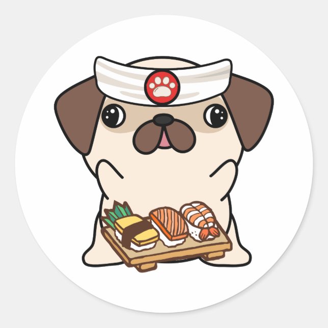 Funny pug dog is a sushi chef classic round sticker (Front)