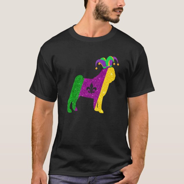 Funny Pug Dog Mardi Gras Party Mask Beads Dog Prem T-Shirt (Front)