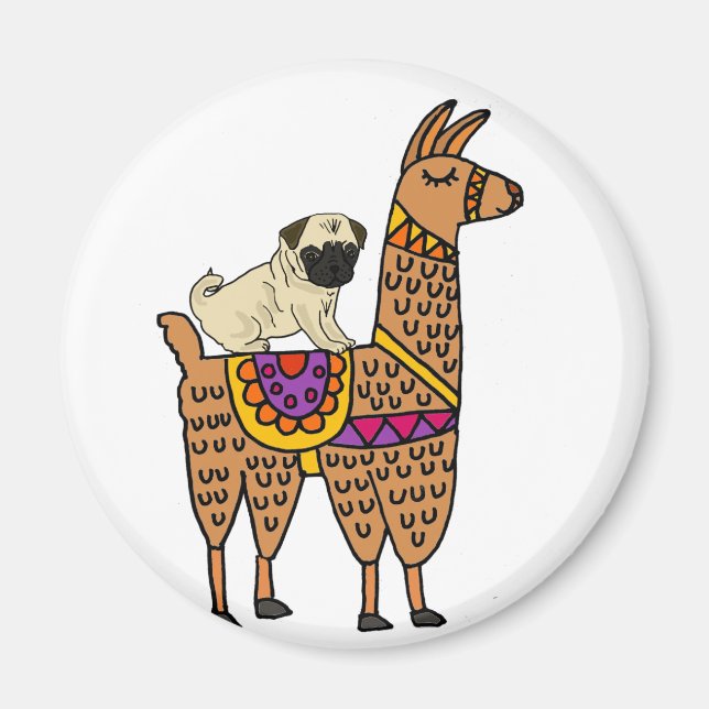 Funny Pug Dog Riding Llama Cartoon Magnet (Front)