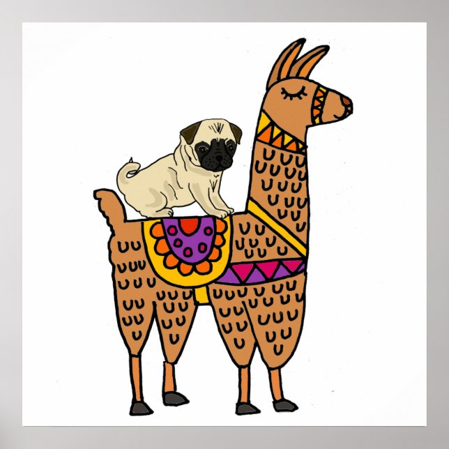 Funny Pug Dog Riding Llama Cartoon Poster (Front)