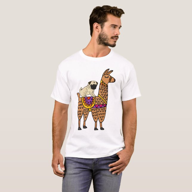 Funny Pug Dog Riding Llama Cartoon T-Shirt (Front Full)