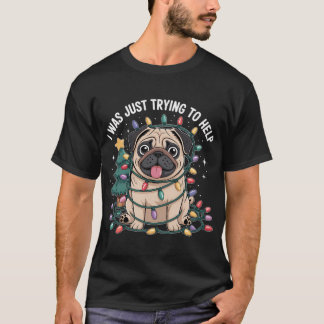 Funny Pug Dog Tangled in Christmas Lights Holiday  T-Shirt
