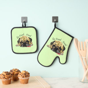 Funny Pug Dog with Custom Text and Colours Oven Mitt & Pot Holder Set