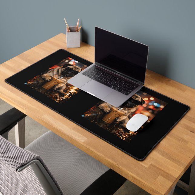 Funny Pug Drinking Iced Coffee Cute Dog Lover Gift Desk Mat (Office 2)