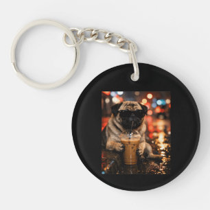 Funny Pug Drinking Iced Coffee Cute Dog Lover Gift Key Ring