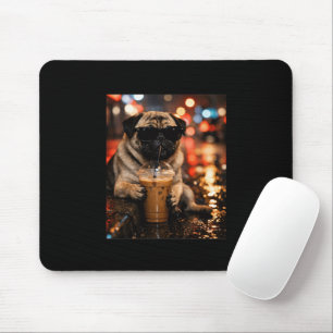 Funny Pug Drinking Iced Coffee Cute Dog Lover Gift Mouse Mat