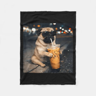 Funny pug drinking iced coffee cute dog meme humor fleece blanket