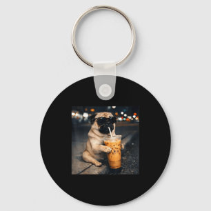 Funny pug drinking iced coffee cute dog meme humor key ring
