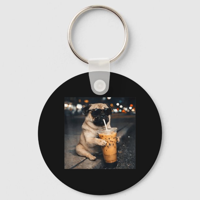 Funny Pug Drinking Iced Coffee Cute Dog Meme Humou Key Ring (Front)