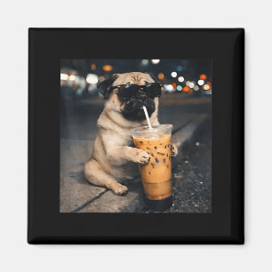 Funny Pug Drinking Iced Coffee Cute Dog Meme Humou Magnet