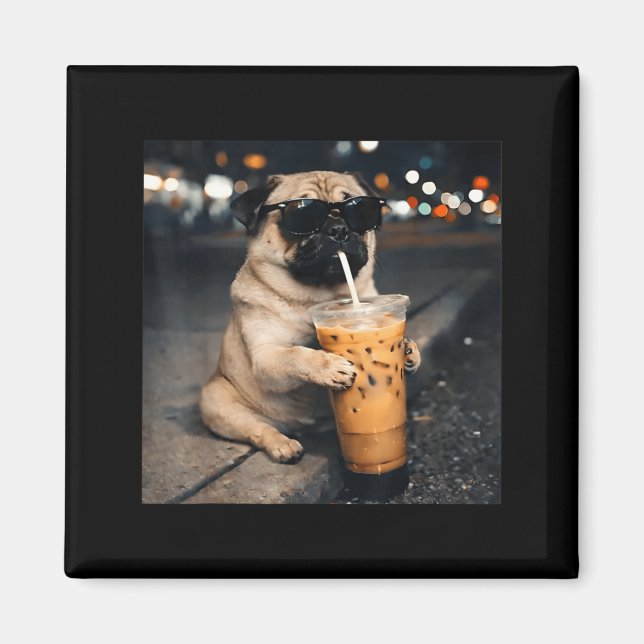 Funny Pug Drinking Iced Coffee Cute Dog Meme Humou Magnet (Front)