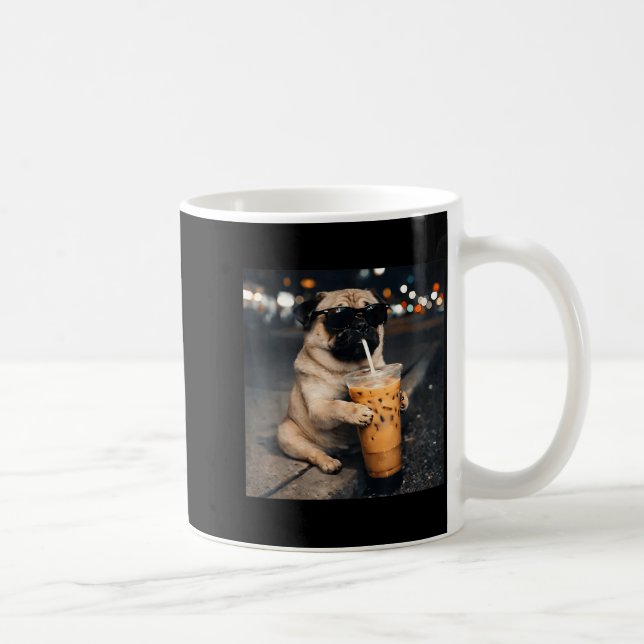 Funny Pug Drinking Iced Coffee Cute Dog Meme Humou Mug (Right)