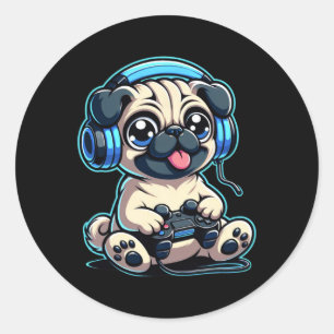 Funny Pug Gamer Dog Gaming Pug Pugs Video Game 1 Classic Round Sticker