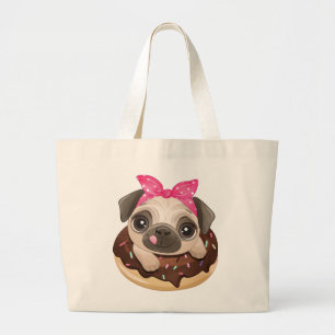Funny Pug Gift Cute Puppy Dog Chocolate Doughnut Large Tote Bag