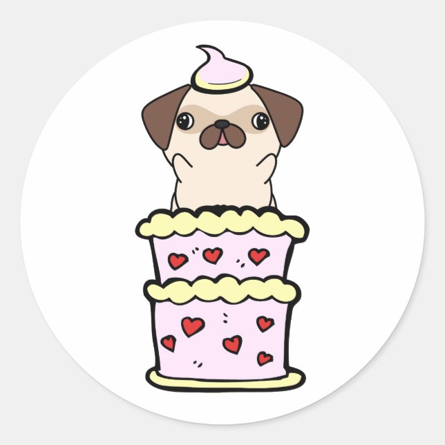 Funny pug jumping out of a cake classic round sticker (Front)