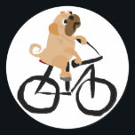 Funny Pug Puppy Dog Riding Bicycle Classic Round Sticker<br><div class="desc">Cute fawn pug puppy dog is riding a bicycle in this fun original art design.  Can also add custom text and change background colour when ordering.</div>