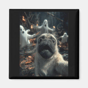 Funny Pug Selfie With Ghosts Haunted Forest Magnet