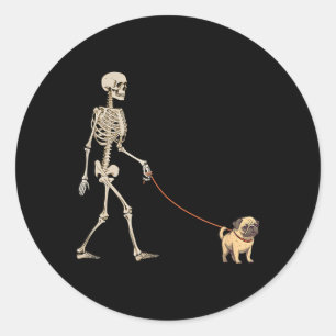 Funny Pug Skeleton Dog Walking Halloween Dog Classic Round Sticker