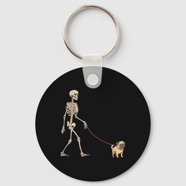 Funny Pug Skeleton Dog Walking Halloween Dog Key Ring (Front)