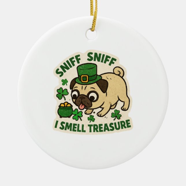 Funny Pug Treasure Hunting St. Patrick’s Day Ceramic Tree Decoration (Front)