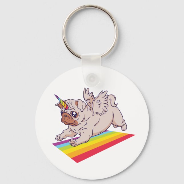 Funny PUG wanna Be A Unicorn Cute Rainbow Dog Key Ring (Front)