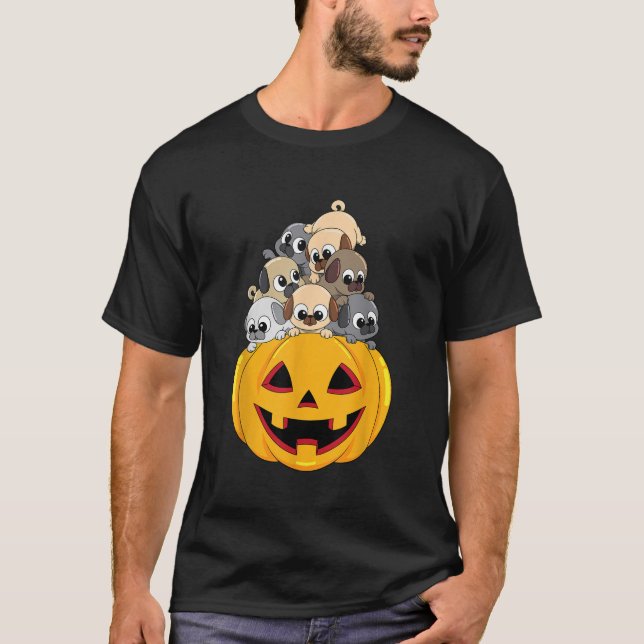 Funny Pugs in a Pumpkin Halloween Girls Boys T-Shirt (Front)
