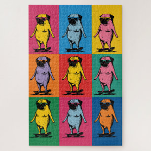 Funny Pugs on Skateboards Pop Art Grid Jigsaw Puzzle
