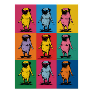 Funny Pugs on Skateboards Pop Art Grid Poster