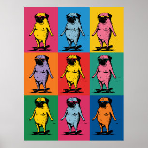 Funny Pugs on Skateboards Pop Art Grid Poster