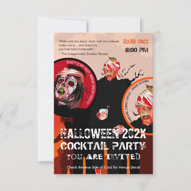 Funny Pulp Halloween Zombie Costume Cocktail Party Invitation (Front)