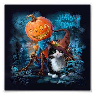 Funny pumpkin and cat in a magic hat photo print