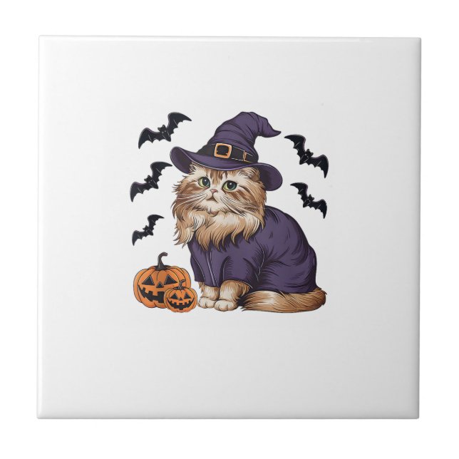 Funny Pumpkin Bat Witch Costume Persian Cat Hallow Tile (Front)